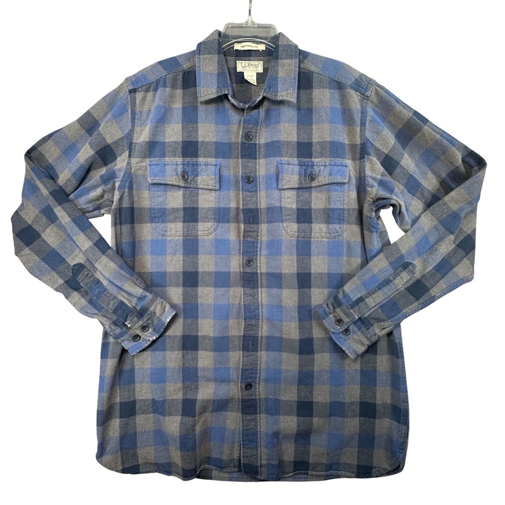 L.L. Bean Chamois Cloth Shirt Blue Grey Plaid Flannel Tall L Blue Gorpcore